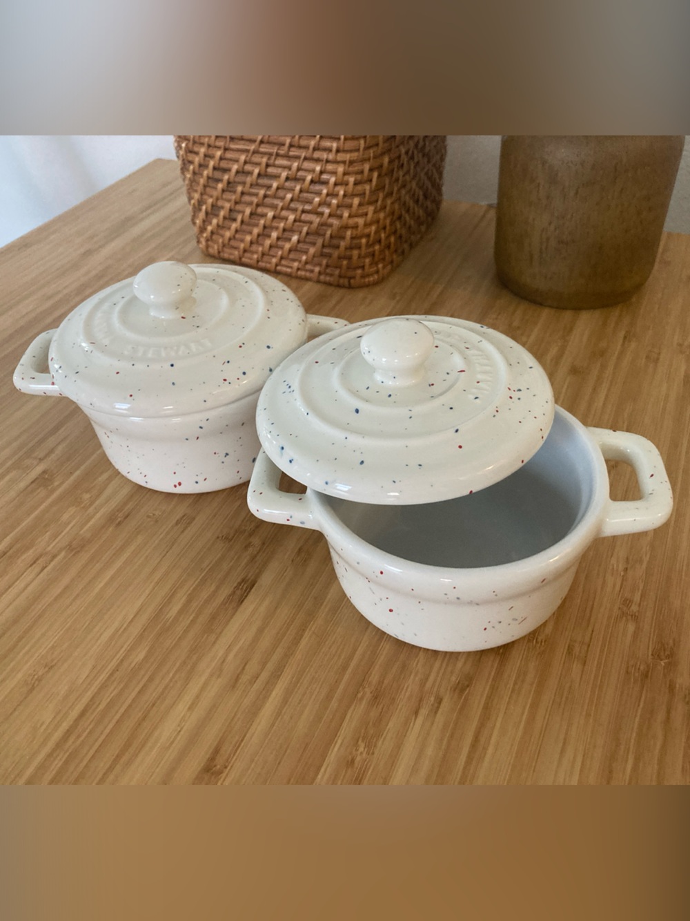 Martha Stewart White Speckled Ceramic Mini Casserole with Lid - Set of 2